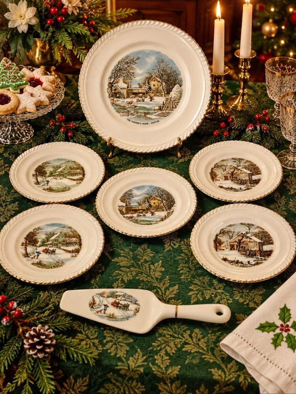 Vintage Harkerware Currier & Ives Winter Dessert Set 8 Pc Gold Trim MCM